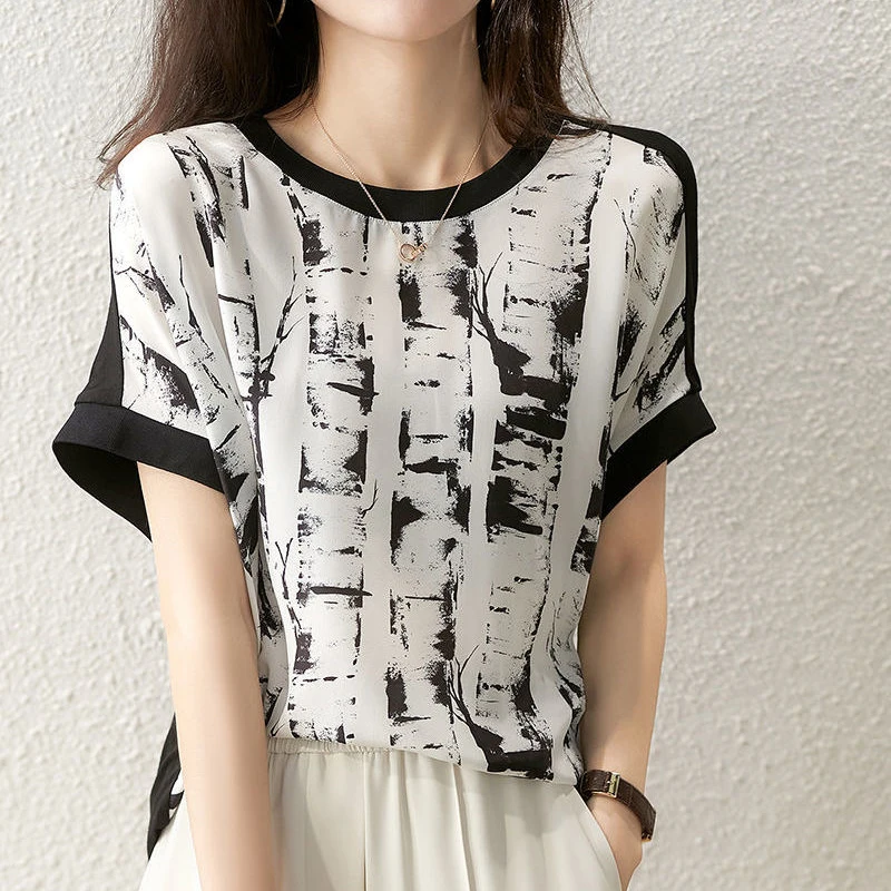 

2022 summer new fashion round neck short sleeves loose and thin ink printing chiffon top women Casual Chiffon