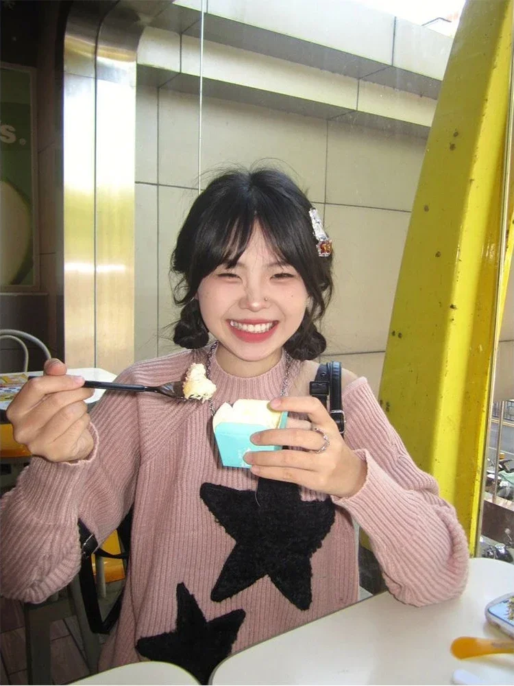 Y2K Эстетический розовый свитер в стиле Харадзюку для женщин Kpop гранж-звезда