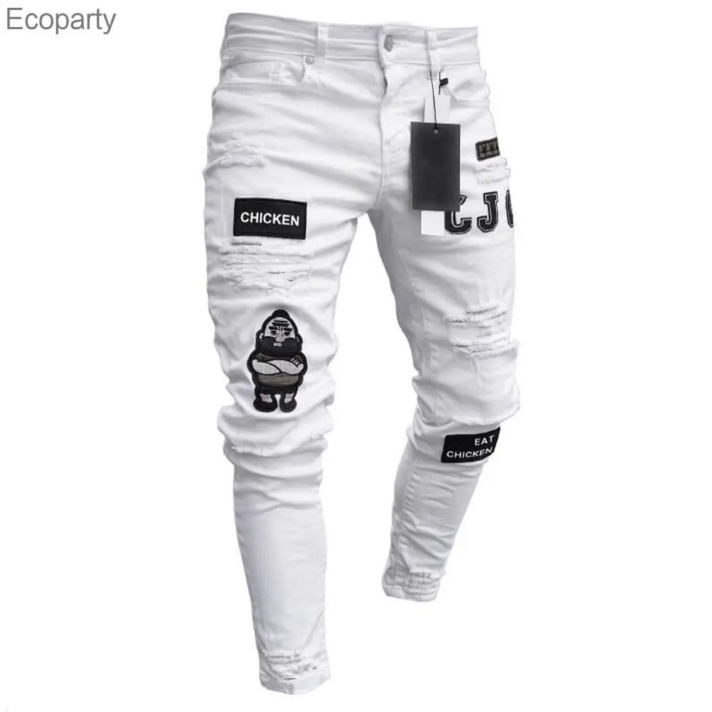 Джинсы мужские Стрейчевые с вышивкой рваные зауженные байкерские джинсы принтом