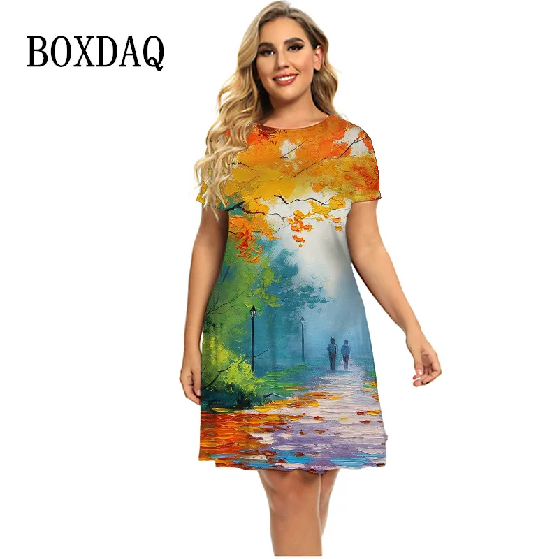 

Женское винтажное платье-трапеция, повседневное свободное платье большого размера с коротким рукавом и принтом масляных красок, Новинка ле...