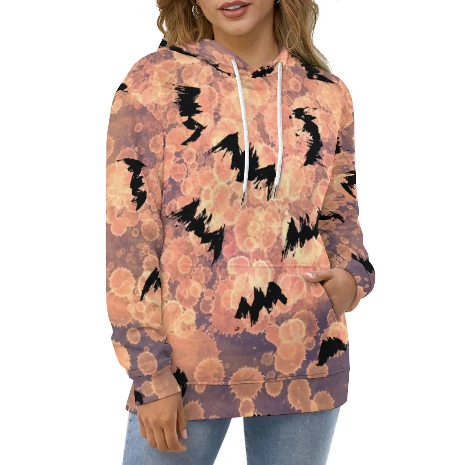 

Худи с абстрактным принтом летучая мышь, зимняя уличная стильная толстовка большого размера, женские современные повседневные толстовки с капюшоном и длинным рукавом на заказ