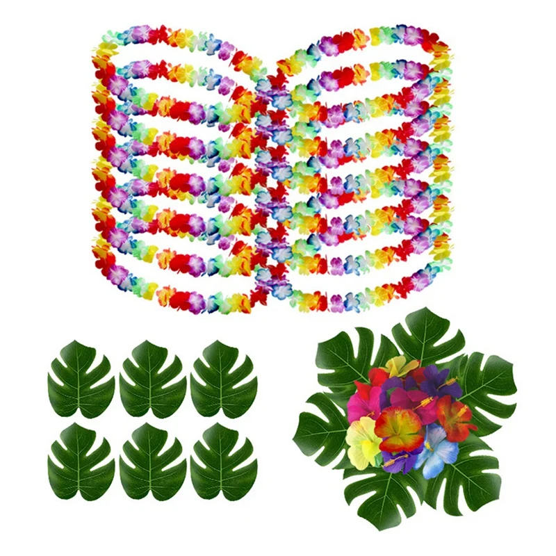 

48 Pcs Hawaiian Garlands Leis Necklaces Artificial Palm Leaves For Hawaii Fancy Dress Tropical Luau Decorations Supplies