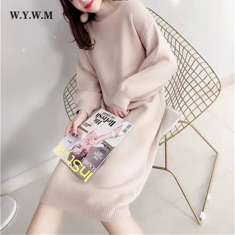 

WYWM Straight Half Turtleneck Knitted Dress Women Casual Mid-length Lantern Sleeve Pullover Dresses Female Winter Base Dress