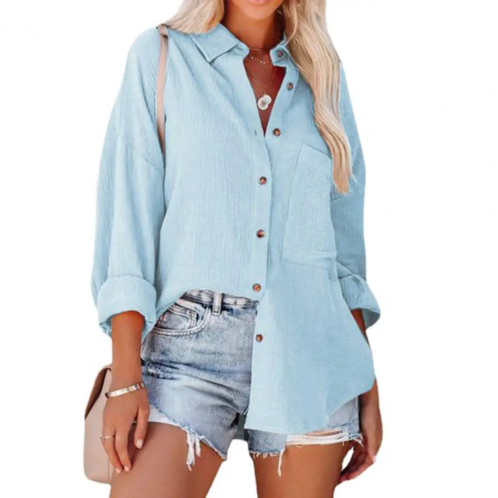 

Elegant Women Shirt Loose Buttons Lapel Long Sleeve Solid Color Casual Bat Sleeve Pocket Blouse Top blusa mujer moda 2023