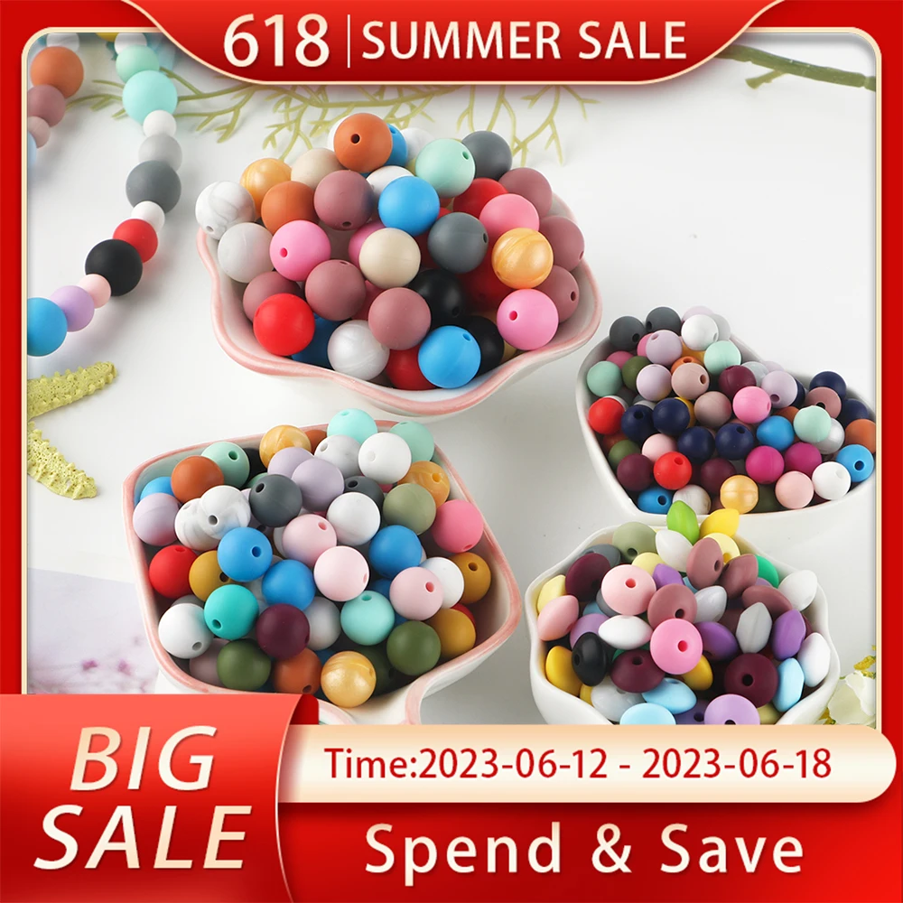 

50Pcs 9/12/15MM Silicone Round Beads Lentil Bead Silicone Chewing Beads For Jewelry Making DIY Pacifier Chain Bracelet Necklace