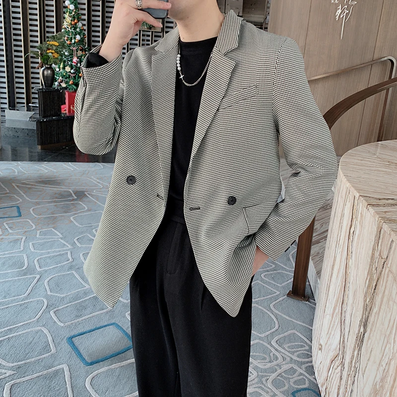 2022 Spring New Men's Blazers Loose Plaid Casual Suit Jacket Streetwear Social Double Breasted Coat Wedding Suit Terno Masculino