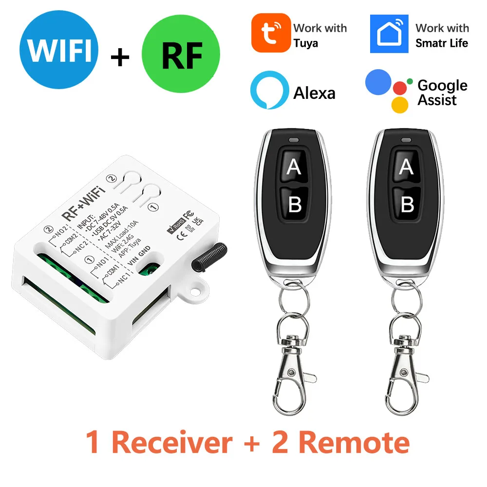 

Tuya WiFi RF переключатель DC 12 В 24 В 2 канала сухое контактное реле беспроводной передатчик дистанционного управления 50 м работает с Google Assist, Alexa