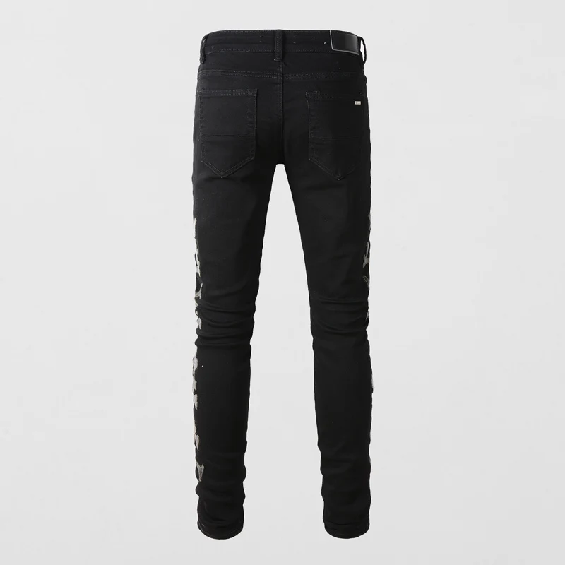 Street Fashion Men Jeans Black Color Elastic Stretch Skinny Ripped Jeans Men Golden Patch Designer Hip Hop Brand Pants Hombre
