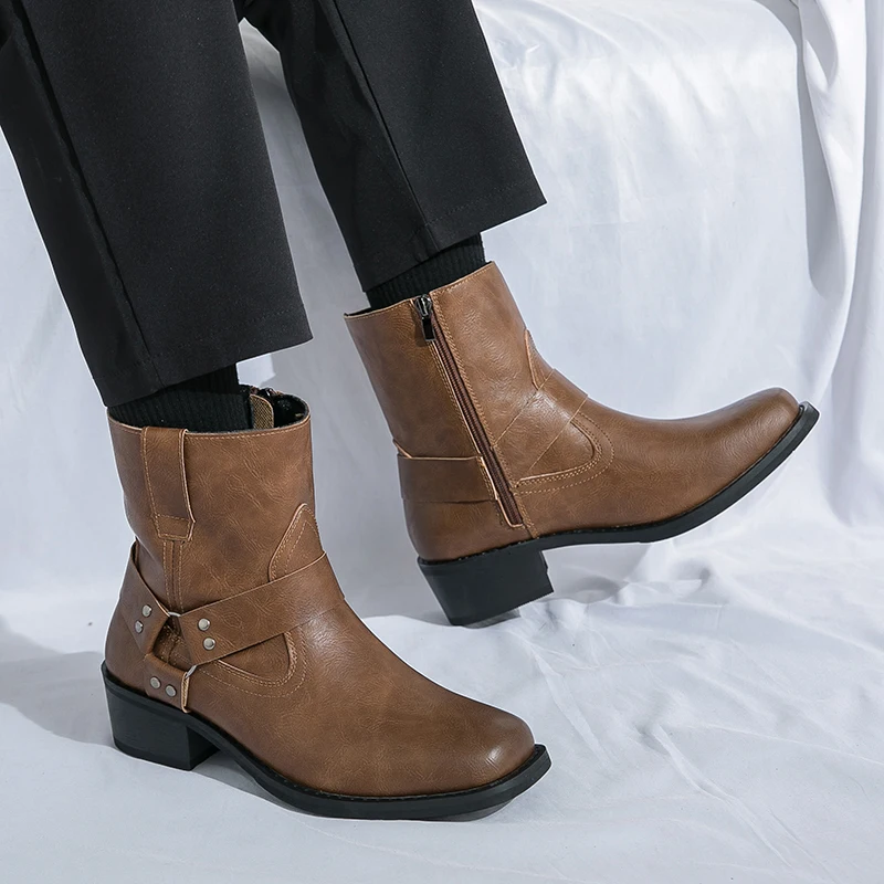 Мужские ботинки из искусственной кожи однотонные на молнии сбоку низком каблуке