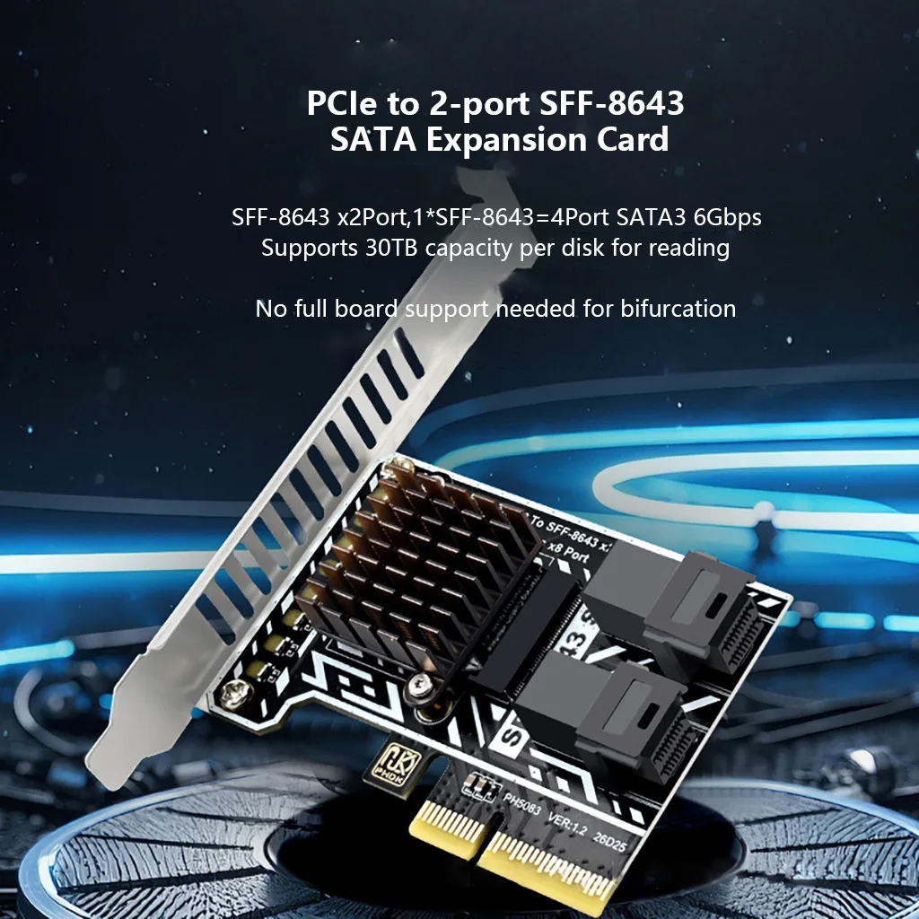 Фото Карта расширения PCIe 3.0 X2 на 2 порта SATA SFF-8643, 8 портов SATA3 6 Гбит/с с алюминиевым радиатором, полная/полуторная планка крепления для корпусов ITX/ATX №2