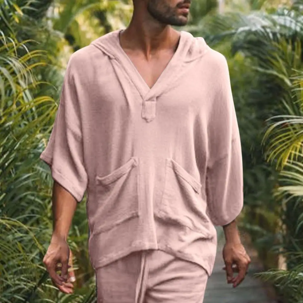 

Hooded Pockets Short Sleeve Pullover T-shirt Solid Color Simple Pullover Top Handsome Loose Fit Summer T-shirt for Daily Life