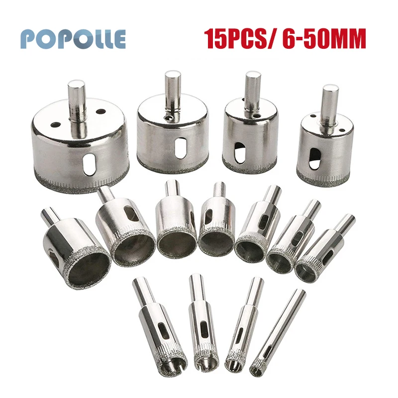 15PCS Glass Hole Opener Set 6-50mm Diamond Coated HSS Drill Bit Suitable for Ceramic Tile and Marble Core Tool Emery Hole Opener