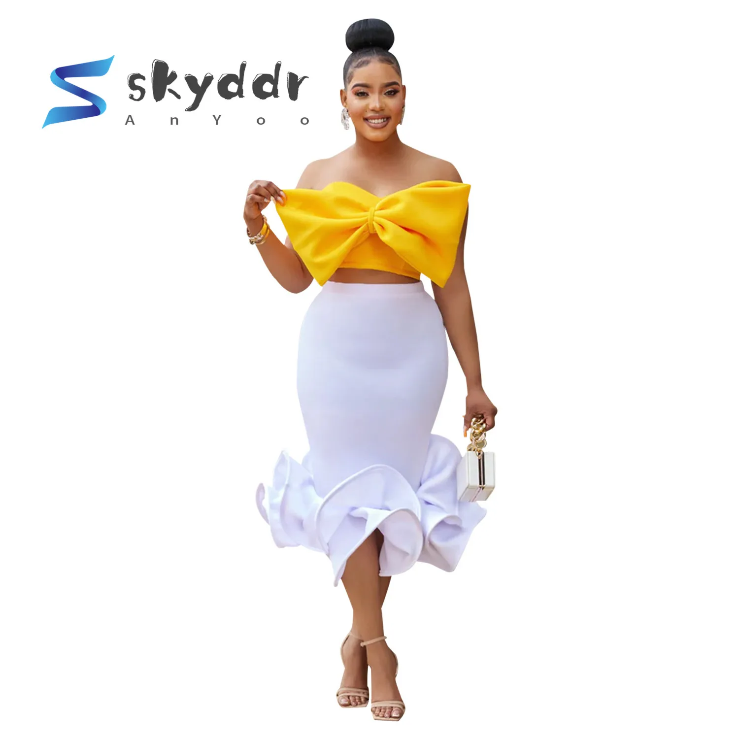 

Соблазнительная Однотонная юбка Skyddr, элегантная облегающая юбка без бретелек с бантом, Женский костюм из двух предметов