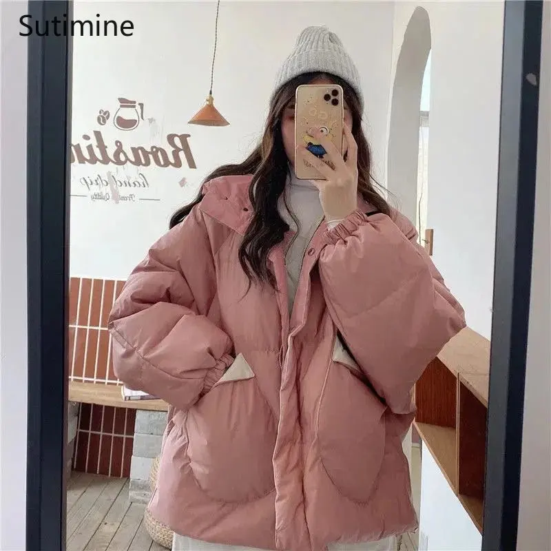 Coat Women Hooded Office Lady Cotton Padded Women Japanese Sweet Gentle Wind Thickened Pockets Button Winter Clothes Women