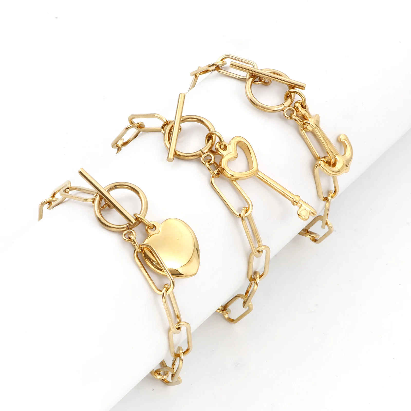 

Stainless Steel Heart Flower Key Butterfly Charms Bracelet Paperclip Chain Bracelets Women Jewelry Trendy Gift 20.5cm Long, 1PC