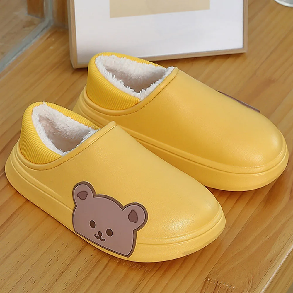 

Cartoon Cute Bear Wearing Winter Shoes for Women Waterproof EVA Slippers Short Plush Fleece Non-slip Sandals for Couple Outdoor