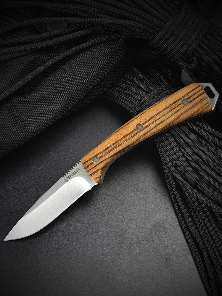 Нож HARNDS Cheetah HK3118 с фиксированным лезвием и деревянной ручкой в виде зебры кожаный