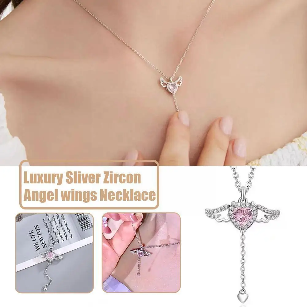 

Korean Pink Crystal Angel Wings Heart Pendant Necklace For Woman Minimalist Jewelry Girl's Neck Chain 2023 New Cupid Arrow C0P8