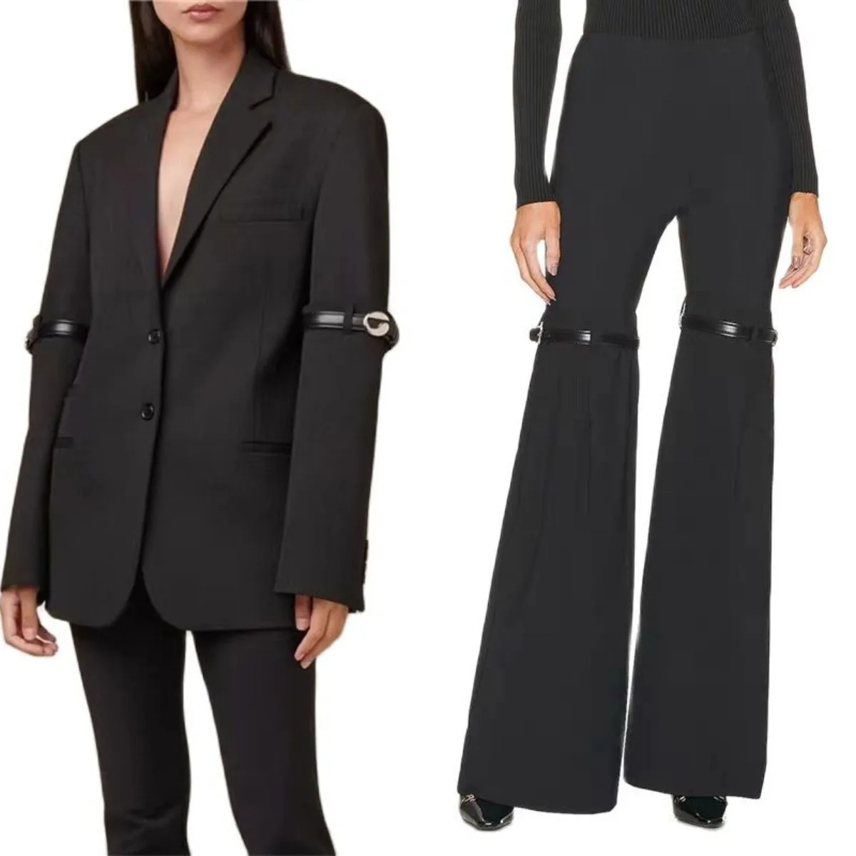 

Black Women Suits Set 2 Pieces Belt Buckle Jacket+Flare Pants Haute Couture Blazer+Elastic Waist Trousers In Stock