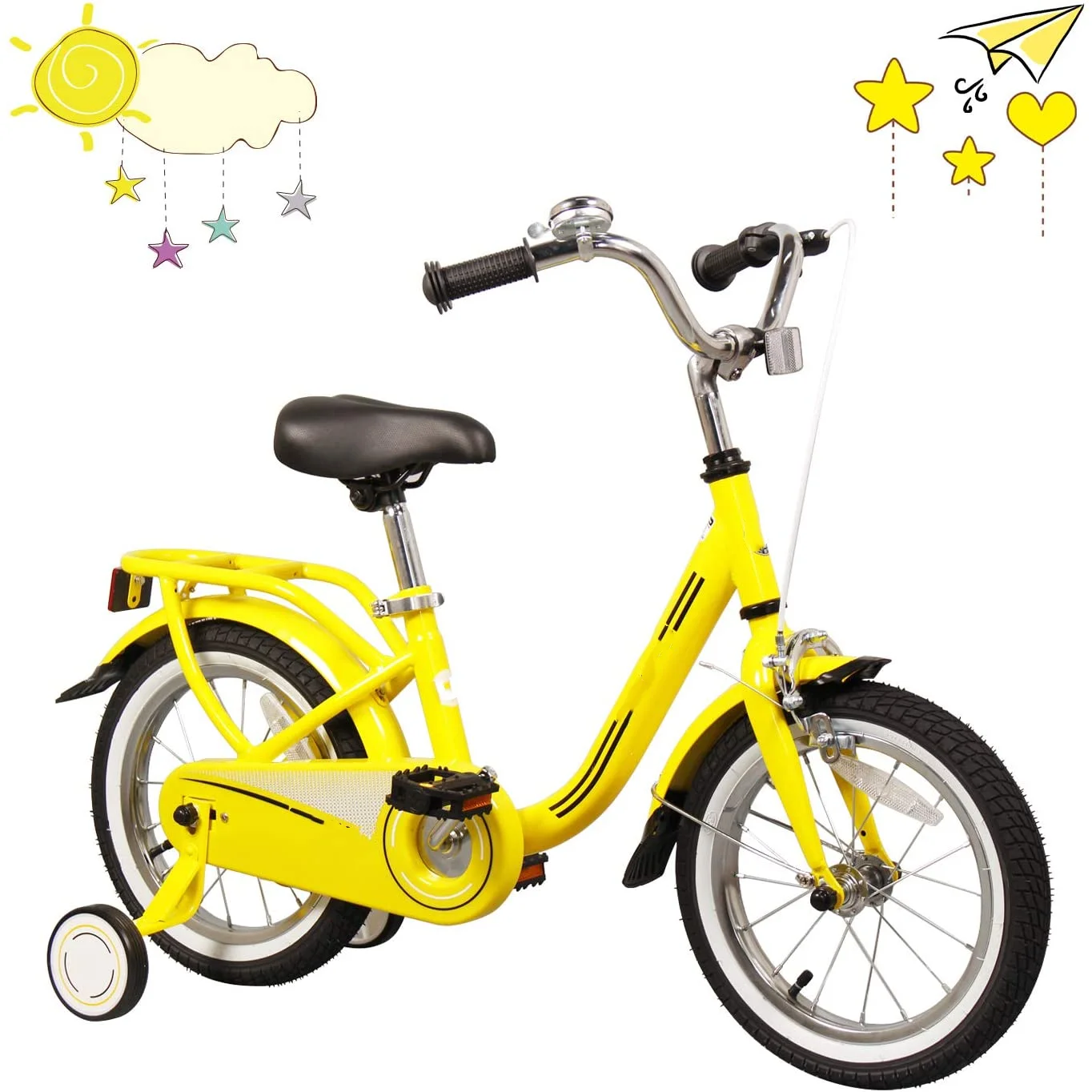 Girls Boys 16 Inch Bike With Hand Brake And Training Wheel, Yellow
