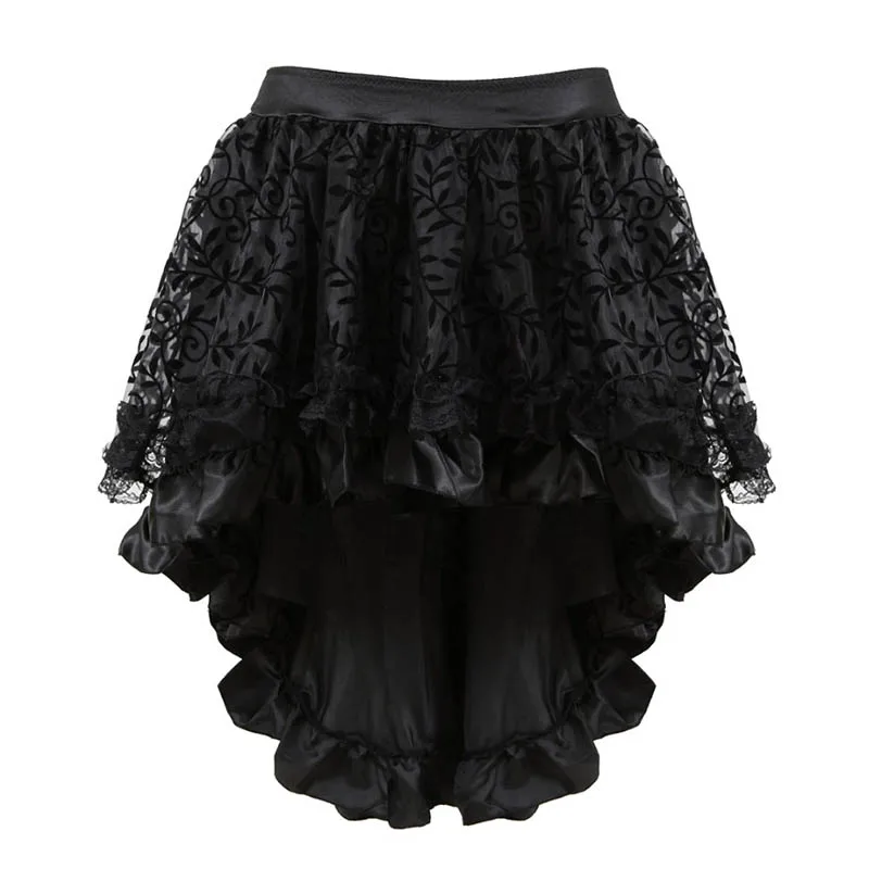 Black Floral Lace Mesh Tulle Mini Pleated Skirt Ladies Asymmetrical High Low Skirt Steampunk Pirate Skirts Fashion Dance Skirts