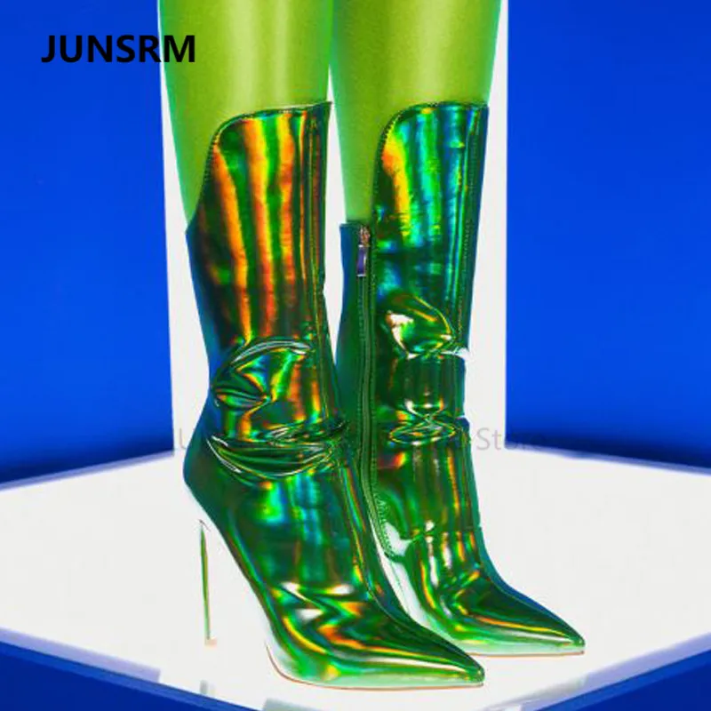 2022 Metallic Sheen Mirror Pink Stiletto Heels Boots Pointed Toe  Calf High Heels Bootes Women Party Wedding Nightclub Bootias