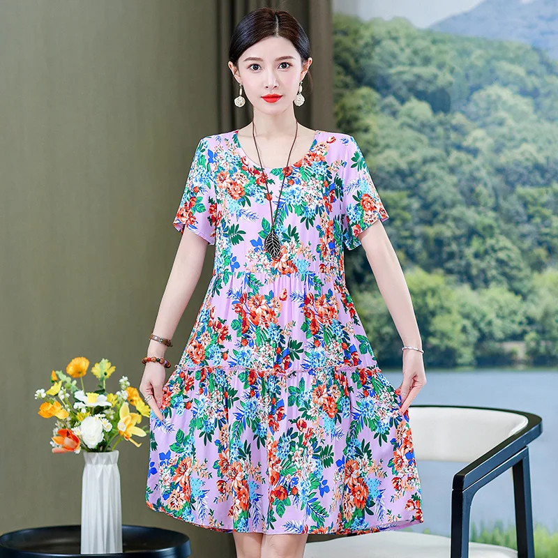 

Beardon Women's Summer Printed Dress Short Sleeve O-Neck Elegant Over Knee Relaxed Loose Print Skirts 2023 New