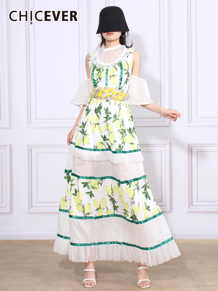 

Женское Сетчатое платье CHICEVER, лоскутное платье с круглым вырезом, коротким рукавом и высокой талией, хит разноцветное платье с открытыми плечами