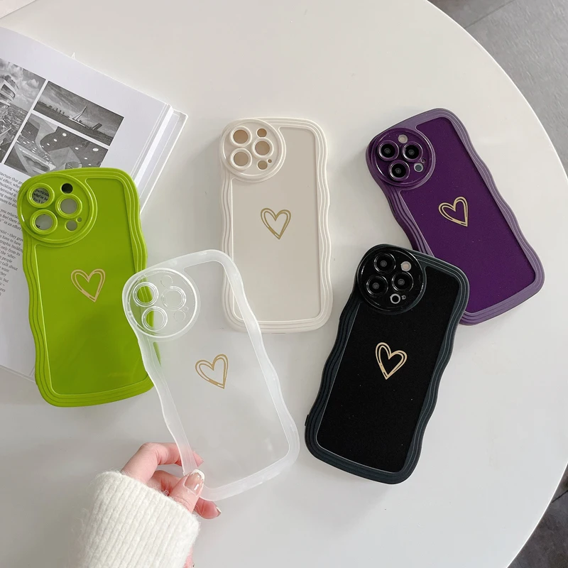 

Solid Color Stamped Love Heart Phone Case For iPhone 11 12 13 14 Pro Max Mini X XR XS Max 7 8 14 Plus Soft Silicon Cover