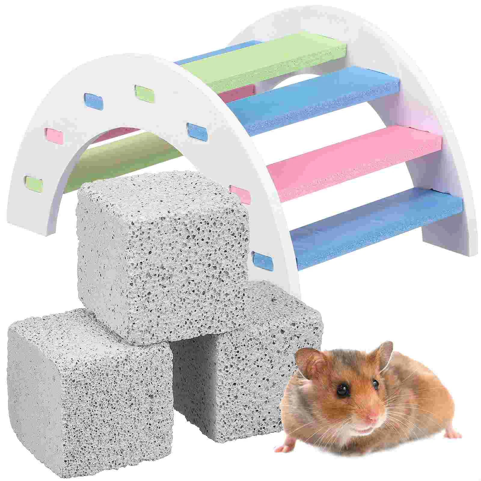 

Hamster Climbing Ladder Pet Animal Wooden Arch Bridge Toy with 3 Grinding Stones for Guinea Pigs Chinchillas