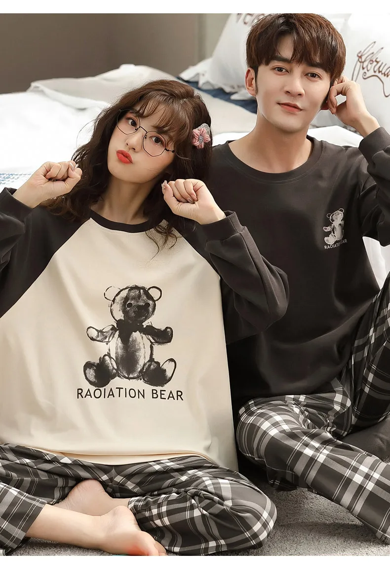 Yasuk Spring Autumn Fashion Women's Casual Soft Cotton Sleepwear Homewear Couple Pajamas Set With Pants Plaid Bear Unisex