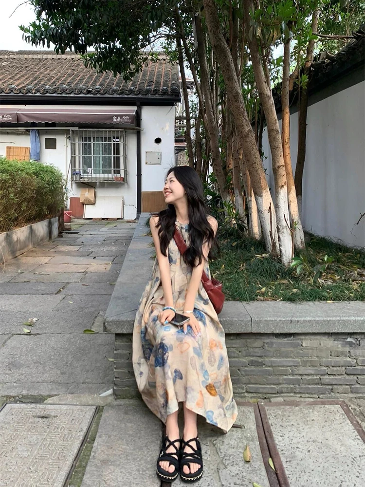 Женское платье-майка в стиле ретро с принтом виде чернил