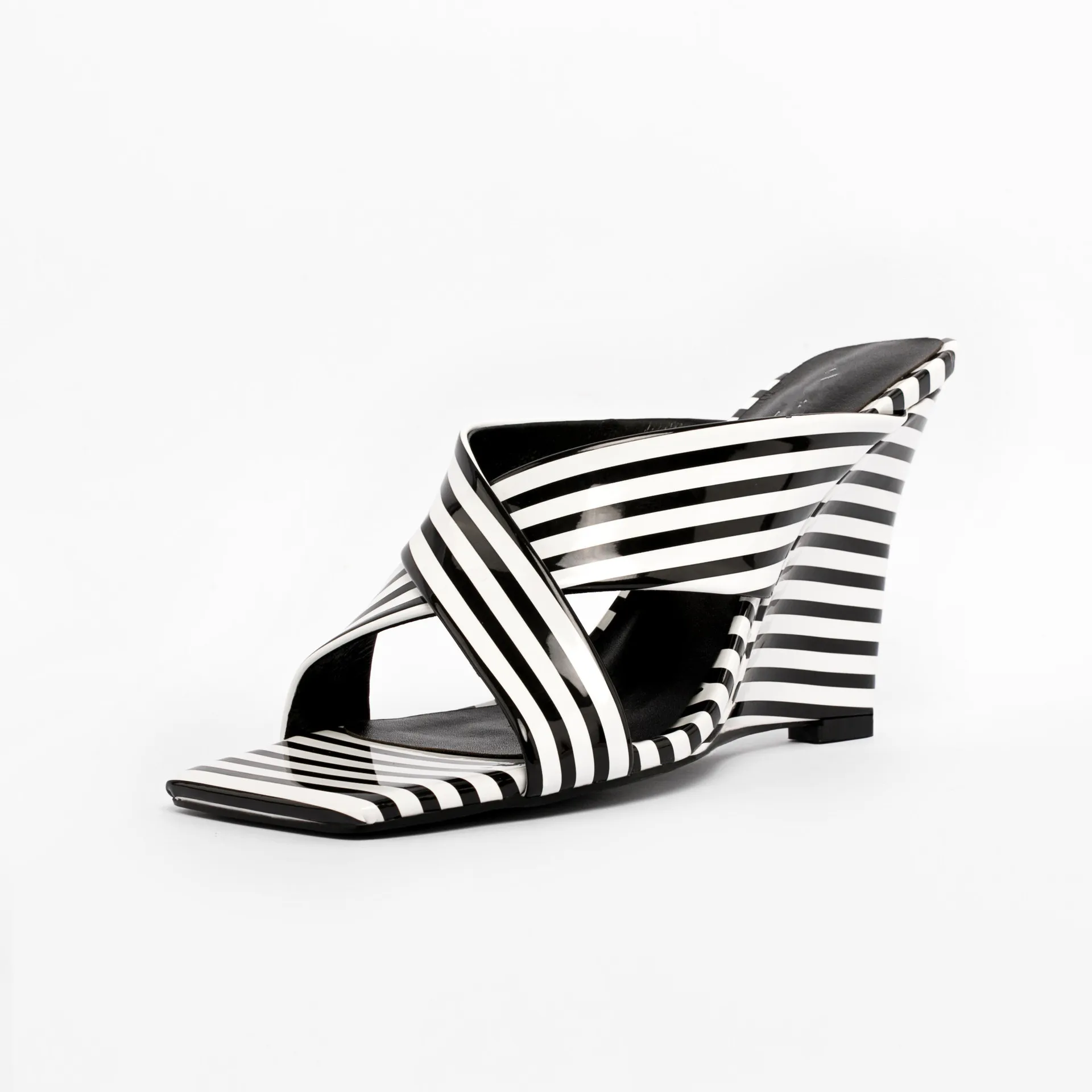 

High Top Square Head Peep Toe Cross Belt Back Empty Wedge Heel Super High Heel Large Size Black and White Striped Slippers Women