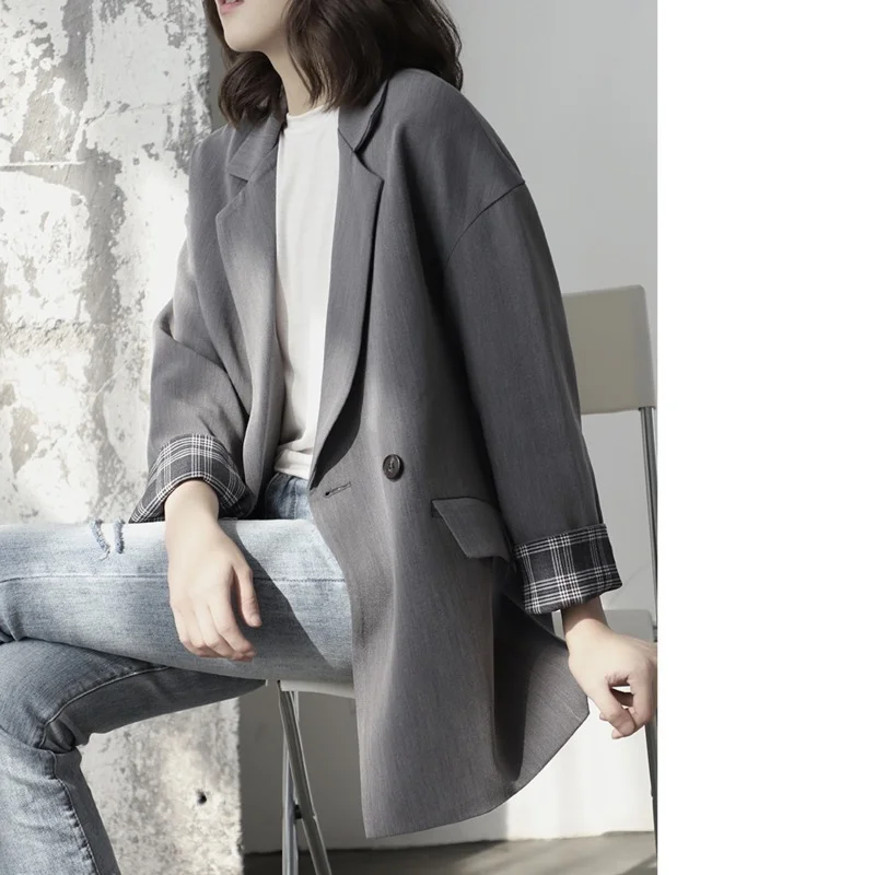 Elegant Lapel Single Button Black Blazer Spring Autumn Gray Vintage Jacket Coat Ladies Workwear Female Formal Clothes 2021 Women