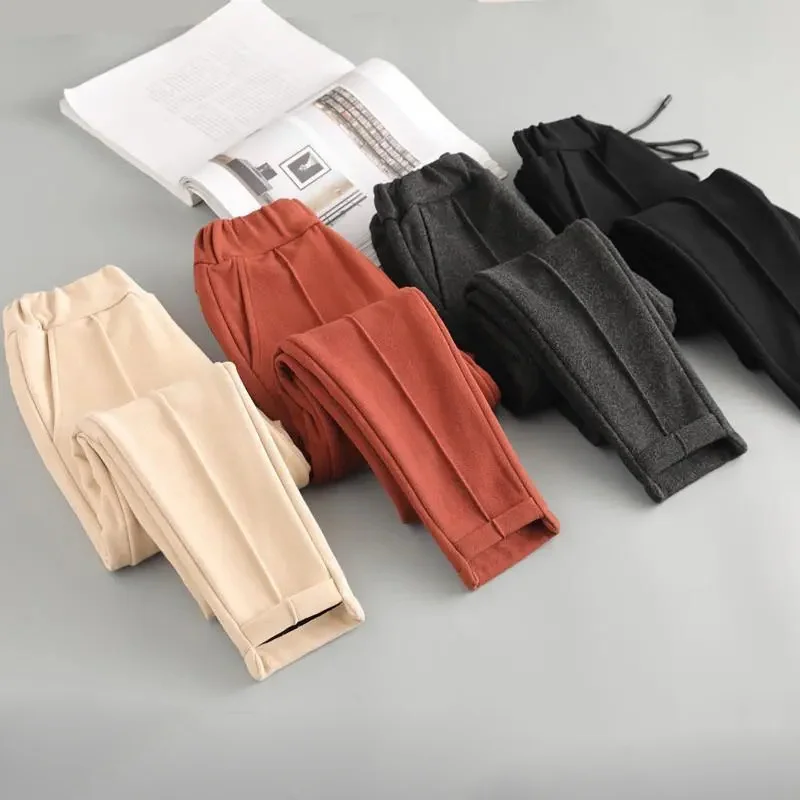 Women's Elestic High Waist Woolen Pants Autumn Winter Large Size Warm Straight Trousers Casual Loose Thick Pants M-6XL