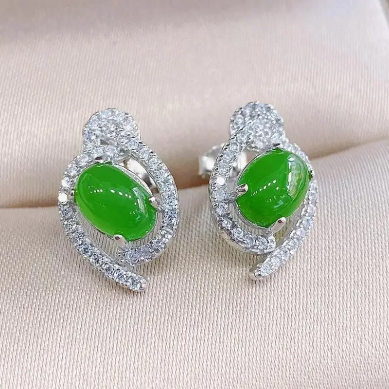 

Women Green Jade Stud Earrings S925 Sterling Silver Chinese Hetian Jades Nephrite Ear Studs Earring Fine Jewelry Accessories