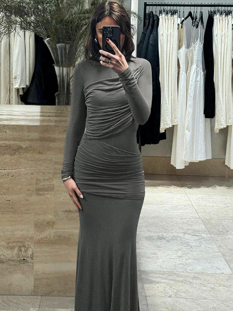 Женское приталенное платье Sisterlinda однотонное шелковое до щиколотки с длинным