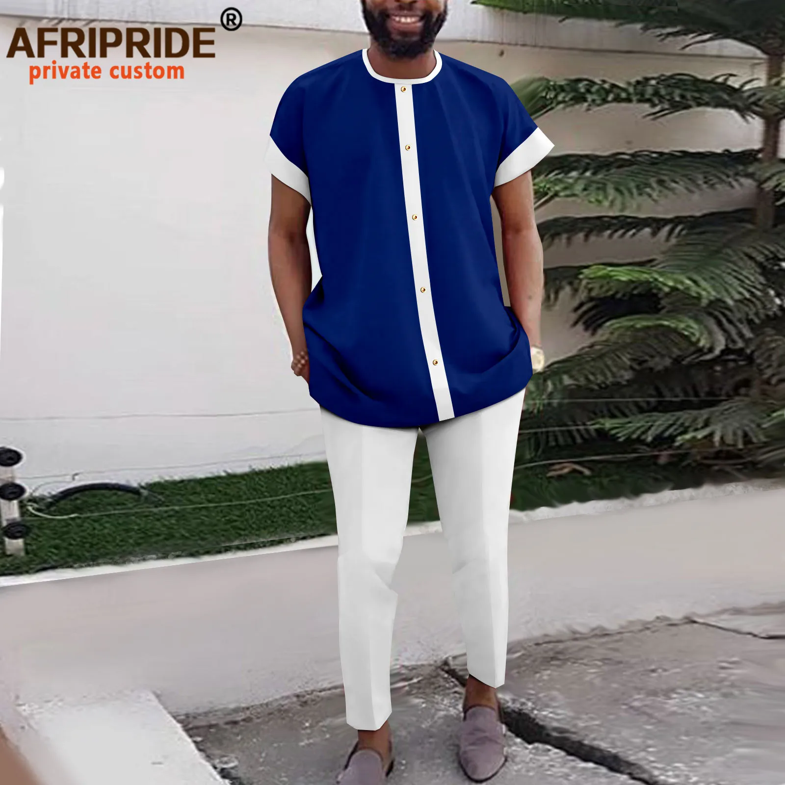 Dashiki African Summer Men Set 2 Piece Outfit Fashion African Men Traditional Outfit Short Sleeve Shirt with Trouser A2216107