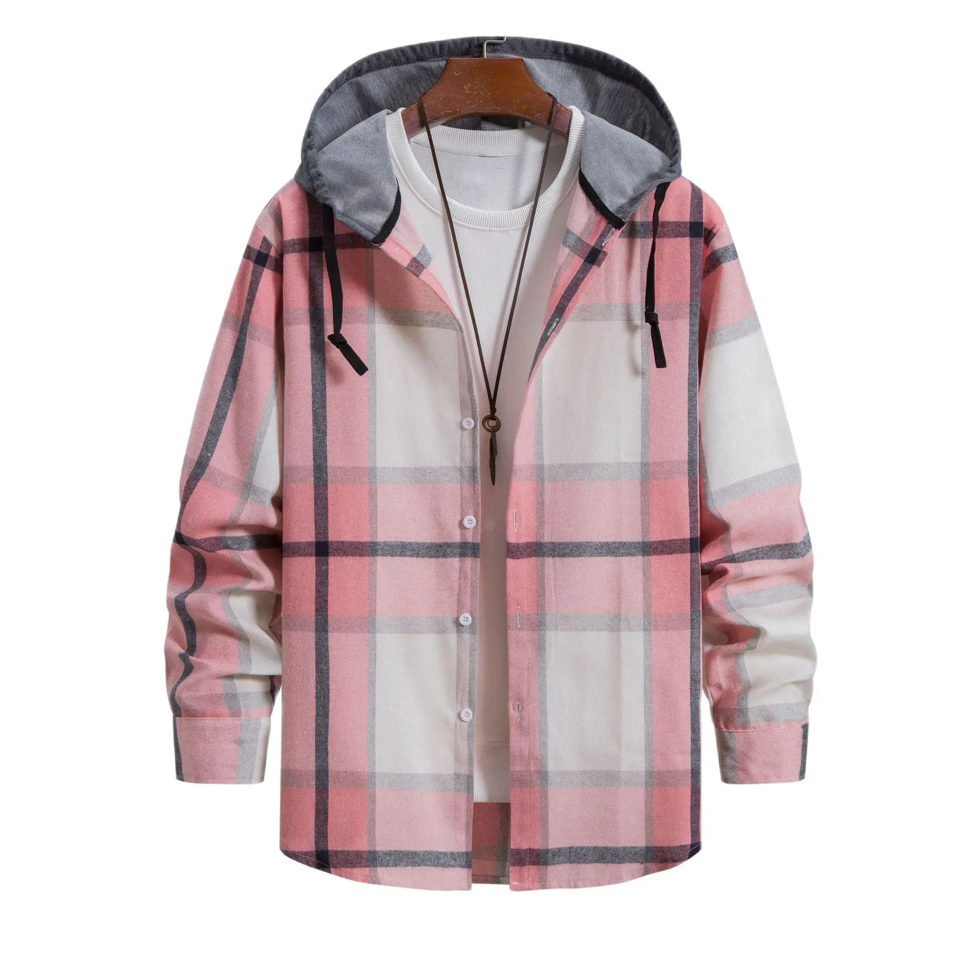 

Unisex Pink Plaid Hooded Shirt Fashion Casual Long Sleeve Checkered Blouse Tops 2023 New Hipster Streetwear Shirts with Hoodies