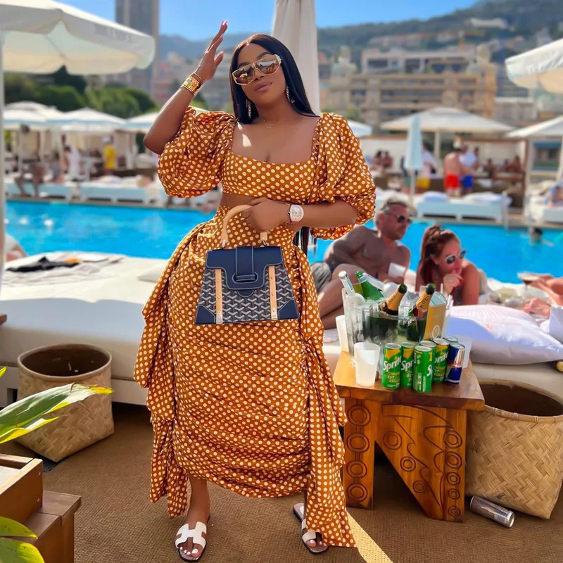 

Chic Women's Latern Half Sleeve Blouses Top and Ruffles Side Midi Maxi Long Skirt Suit Dot printing Two Piece Set Outfit Set