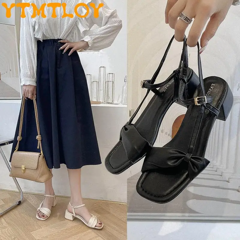 

Square Toe Xiaoxue New Bow Sandals Female Summer Fairy Style Temperament 2021 New Product One Word With Heel Thick Sandals Femal
