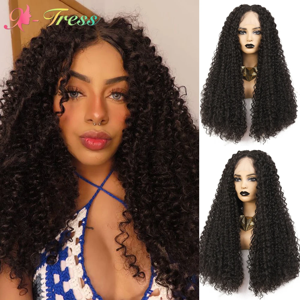 26 Inch Kinky Curly Synthetic Lace Front Wigs X-TRESS Fluffy Long Deep Wave T Part Lace Wig with Baby Hair for Women Daily Use