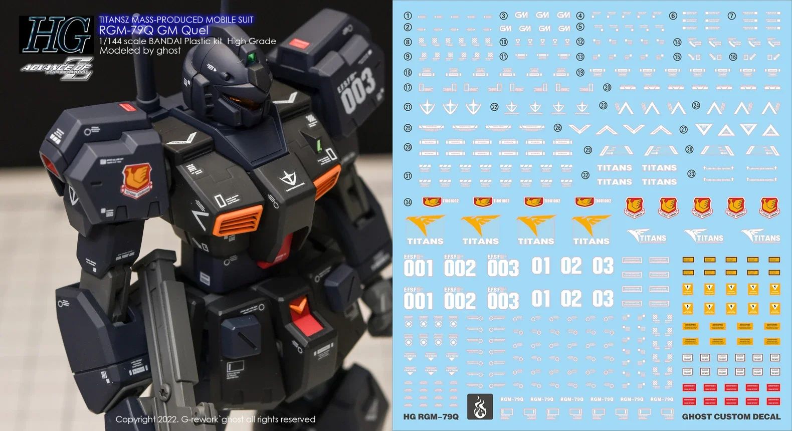 Фото Водные наклейки-декали для HGUC 1/144 RGM-79Q GM Quel TITANS, высококачественные флуоресцентные стикеры, детали для сборки моделей, DIY-комплектующие №1