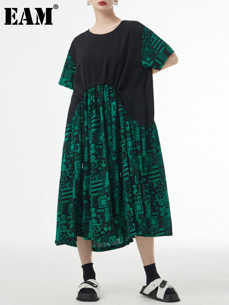 

Женское платье с принтом EAM, зеленое Свободное платье с круглым вырезом и коротким рукавом, весна-лето 2023, 1DF9816