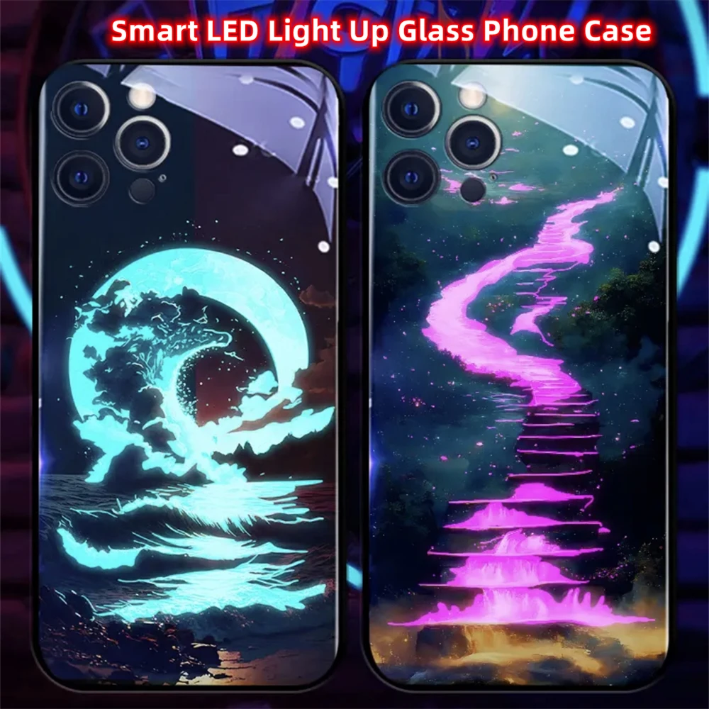 Фото Стильный чехол для iPhone Air 17 16 15 14 13 12 11 Pro Max Plus с дизайном «Лунный океан», умной LED-подсветкой и закаленным стеклом №5