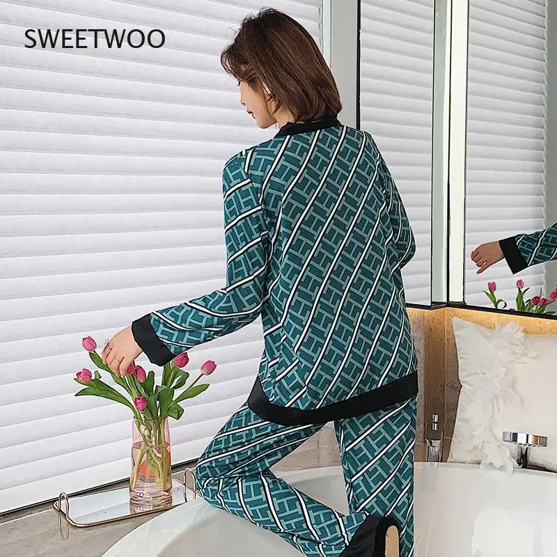 2Pcs Women Pajamas Sets Woman Pajama Summer V Neck Design Suit Long Sleeve Trousers Set Home Clothes Sexy Satin Silk Pijamas