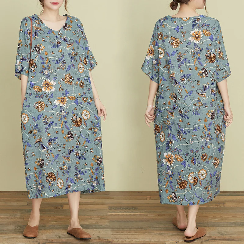 

Новинка лета 2022, свободное тонкое повседневное длинное платье в этническом стиле, женское платье из хлопка и льна с цветочным принтом, бесплатная доставка