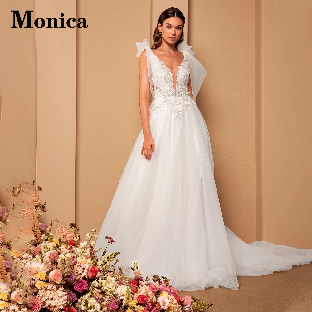 

MONICA A-LINE Court Train Wedding Dresses For Women 2023 Bride Bow Deep V-neck Sleeveless Appliques Robe De Mariée Custom Made