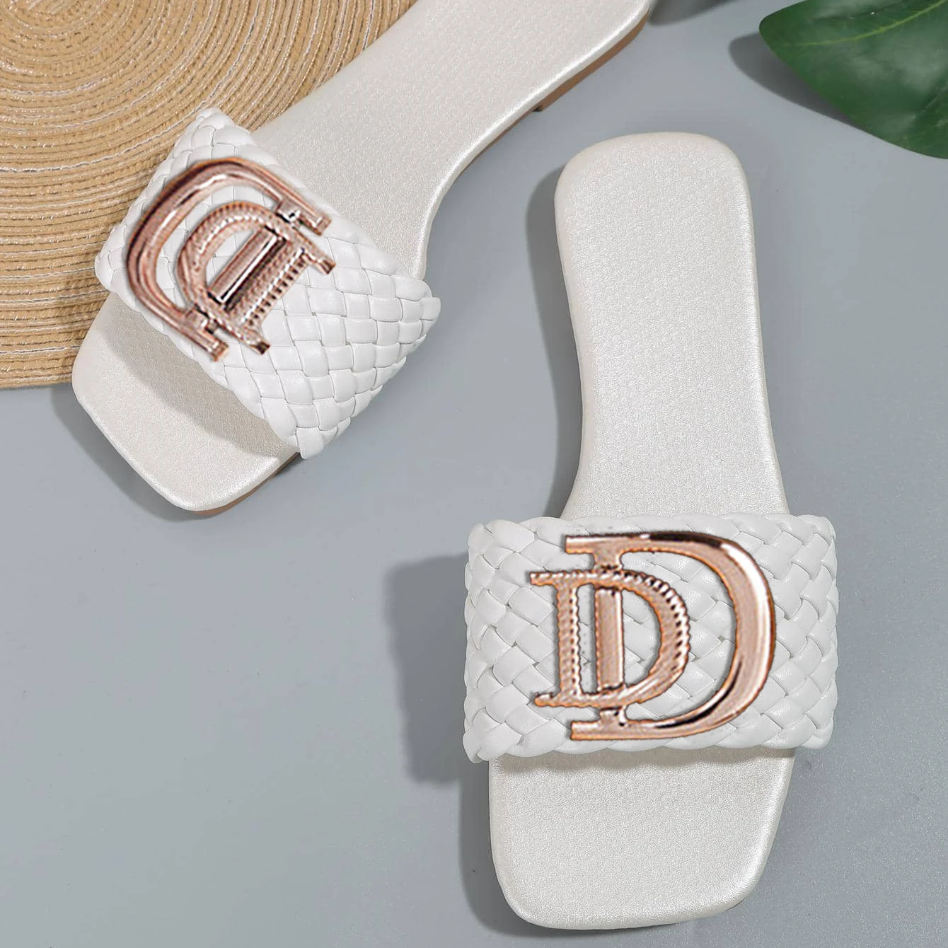 Women Luxury Decor Temperament Flat Sandals Weave Charm Design Open-toe Vacation Casual Slides Party Elegant Office-Ladies Shoes