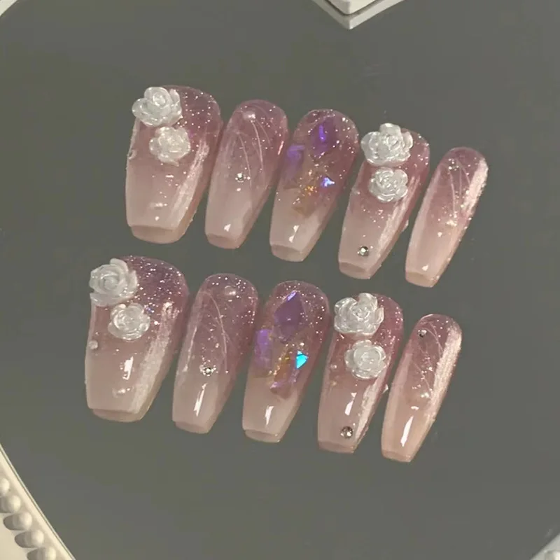 

Three-Dimensional Milky White CamelliaWear Armor Aurora Square Diamond Shiny Fragments Nail Sticker Purple Star Rive Detachable